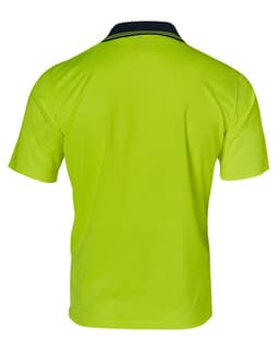 A high-visibility short-sleeve polo shirt in bright yellow with a navy collar and a logo.