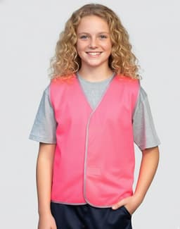 A bright orange children's safety vest with grey trim, suitable for uniform use. The vest has a simple design and no logos.