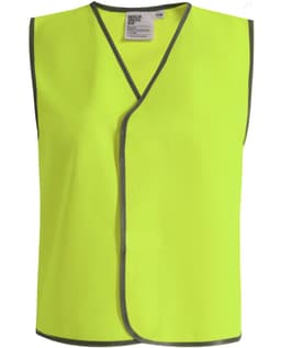 A bright yellow safety vest with grey trim, featuring a logo on the inside label.