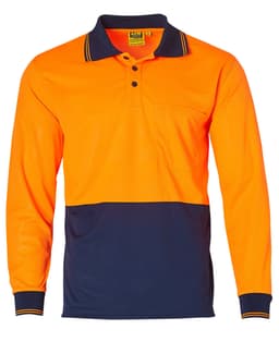 A long-sleeved safety polo shirt in bright orange with a navy blue bottom and a pocket, featuring a logo.