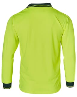 Hi-Vis long-sleeve safety polo in bright yellow with black detailing and a collar, featuring a logo.
