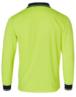 A Hi-Vis long sleeve safety polo in bright yellow with navy collar and cuffs, featuring a logo.