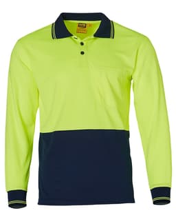 A long-sleeve, hi-vis polo shirt in bright yellow and navy blue, featuring a pocket and a small logo.