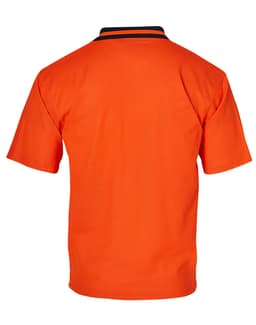 An orange short-sleeved polo shirt with a black collar, featuring a logo.