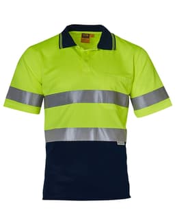 A high-visibility short-sleeve safety polo in fluorescent yellow with navy and reflective silver stripes, featuring a pocket.
