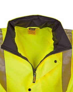 A hi-vis yellow rainproof safety jacket featuring 3M reflective tapes and a zip collar. It includes a logo.