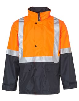 A Hi-Vis two-tone rainproof safety jacket in orange and navy, featuring reflective 3M tapes and a logo.