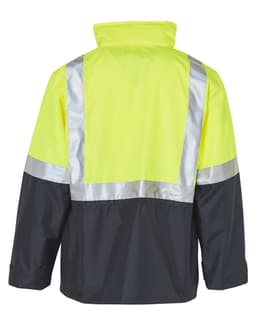 A Hi-Vis safety jacket in fluorescent yellow and black, featuring reflective 3M tape on the back.