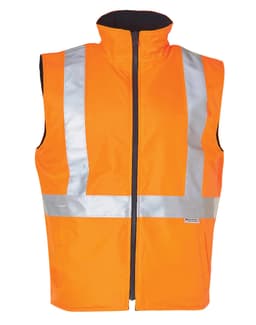 A bright orange reversible safety vest with silver hoop pattern reflective tapes. It features a high collar and a zip front.