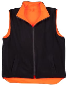 A reversible safety vest featuring a black exterior and bright orange interior, designed with pockets and a zip front.