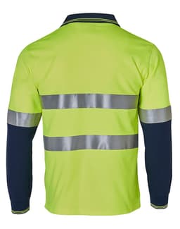 A long-sleeve work polo shirt in high visibility yellow with navy sleeves and reflective tape stripes.