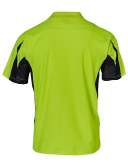 A safety polo shirt featuring a bright lime green body with black accents. It has a logo on the back.