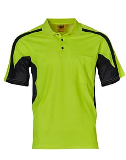 A short-sleeved safety polo in bright yellow with black accents and a chest pocket, featuring a logo.