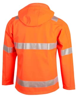 A hi-vis softshell hooded jacket in bright orange with reflective 3M tape details, featuring a hood and long sleeves.