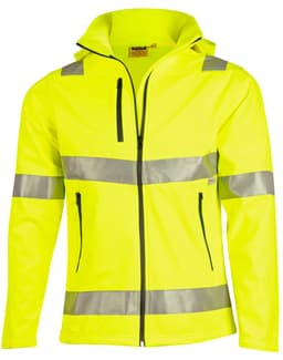 Hi-vis yellow softshell hooded jacket featuring silver 3M reflective tape and zip pockets. Includes branding on the jacket.