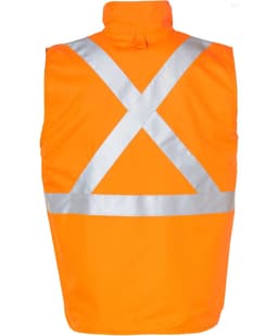 A bright orange reversible safety vest featuring an X-pattern of silver reflective tape on the back.