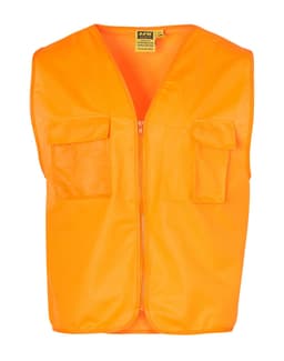 An orange Hi-Vis safety vest featuring two front pockets and a zip closure, with a logo displayed.