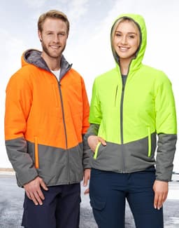 A bright orange and grey quilted safety jacket with a hood, alongside a lime green and grey version, both featuring logos.