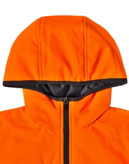 A bright orange quilted safety jacket with a hood and black lining, featuring a logo.