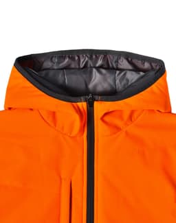 A quilted two-tone safety jacket in vibrant orange with a black hood and zip closure, featuring a logo.