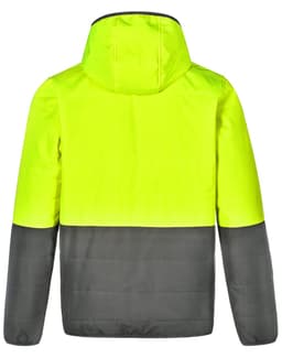 A Hi-Vis quilted safety jacket featuring a bright yellow upper section and a dark grey lower section, with a hood.