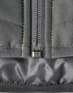 A quilted grey safety jacket with reflective stitching and a zipper detail at the front, including a logo.