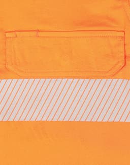 An orange long-sleeved safety shirt featuring segmented reflective tape and a chest pocket.