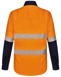 A long-sleeve safety shirt in orange and navy blue, featuring segmented reflective tape and a branding logo.