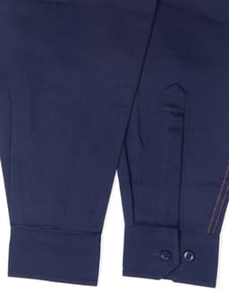 A navy long-sleeved safety shirt featuring segmented reflective tape and buttoned cuffs. Includes a logo.