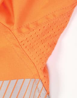 A close-up of an orange long-sleeve safety shirt featuring segmented reflective tape and breathable mesh fabric.