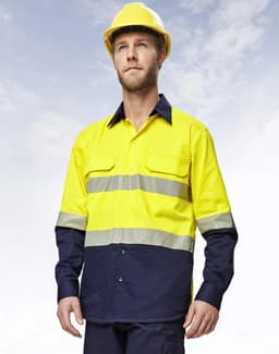 A long-sleeved safety shirt in hi-vis yellow and navy, featuring segmented reflective tape and a logo.