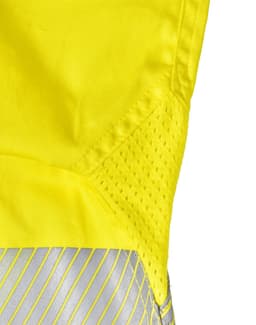 A bright yellow long-sleeve safety shirt featuring segmented reflective tape and mesh detailing.
