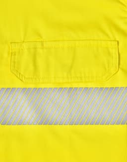 A bright yellow safety shirt featuring segmented reflective tape and a pocket. It has a logo on the fabric.