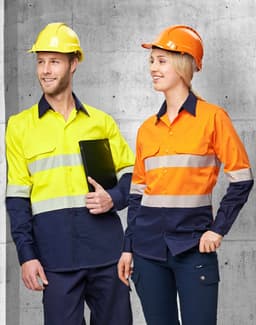 A yellow and navy long-sleeve safety shirt and an orange and navy long-sleeve safety shirt, both with segmented tape, worn by models.