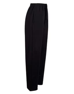 Black adult fleecy track pants with a relaxed fit and elastic waistband. Features include a drawstring and a logo.