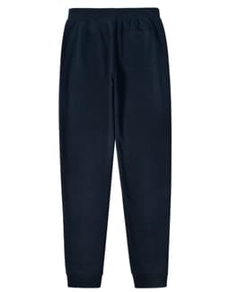 A pair of navy poly/cotton terry sweat pants with an elastic waistband and a back pocket.