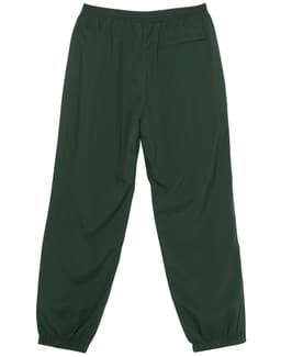 A pair of green track pants with an elastic waistband and a single pocket at the back. Features a brand logo.