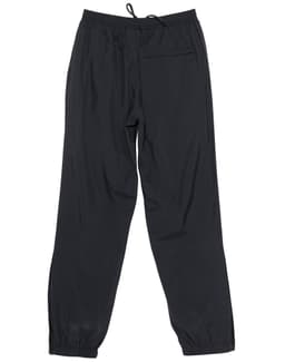 Black track pants with a drawstring waist and a back pocket, featuring elasticised cuffs and a simple design.