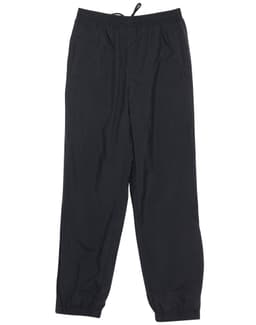 Black track pants with an elastic waistband and drawstring, featuring side pockets and a subtle logo.