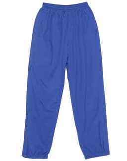 Blue track pants with an elastic waistband and side pockets, featuring a logo on the leg.