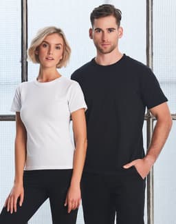 Men's fitted stretch tee in black, paired with a white fitted tee, displayed on two models against a textured backdrop.