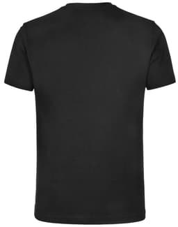 A black unisex cotton t-shirt with short sleeves and a plain back, featuring a logo.