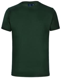 A green unisex cotton t-shirt with a classic crew neck and short sleeves. It features a logo on the label.
