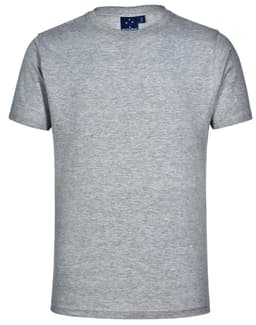 A plain beige unisex cotton T-shirt with short sleeves and a crew neckline, featuring a brand logo.
