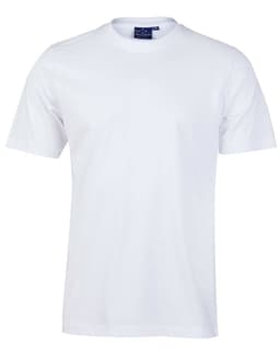 A plain white unisex cotton t-shirt with short sleeves and a simple design. It features a tag inside the collar.