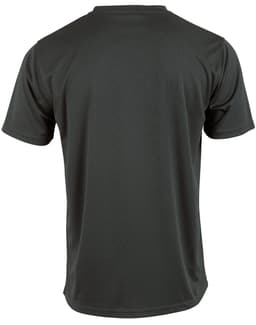 A dark grey short sleeve t-shirt with a smooth finish and a logo on the back.