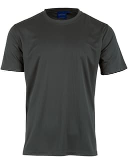 A grey short sleeve tee made from cooldry fabric, featuring a logo on the neckline.