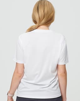 A white short sleeve tee with a classic fit, featuring a logo on the back.