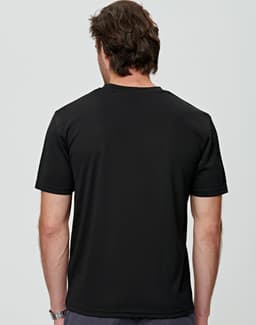 A black men's short sleeve tee featuring a crew neckline and a logo on the back.