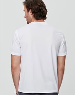 A men's short sleeve tee in white, featuring a simple design and a logo on the back.